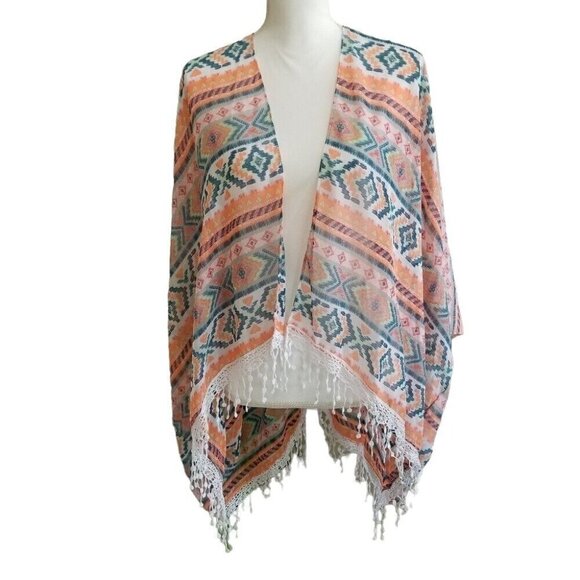 Lightweight Southwestern Print Shrug Cardigan Swim Coverup Fringe Hem One Size - Picture 1 of 9